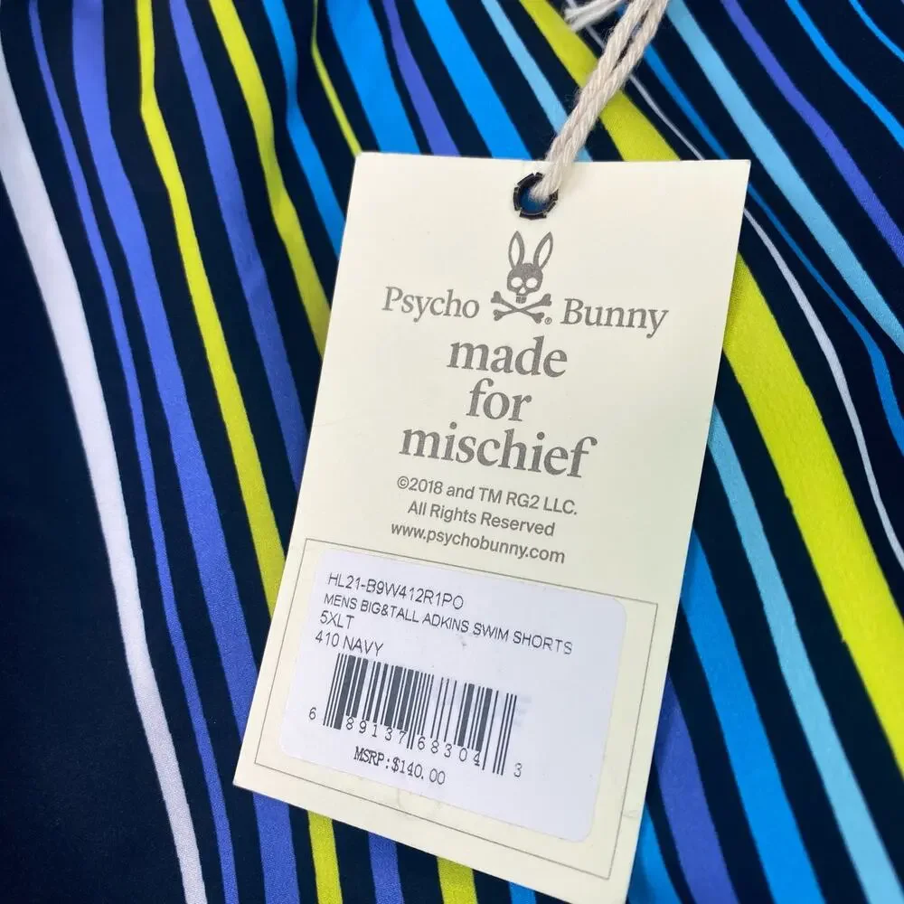 Psycho Bunny Men's Swim Trunks Size 5XLT Blue Stripe Dry Pocket NWT